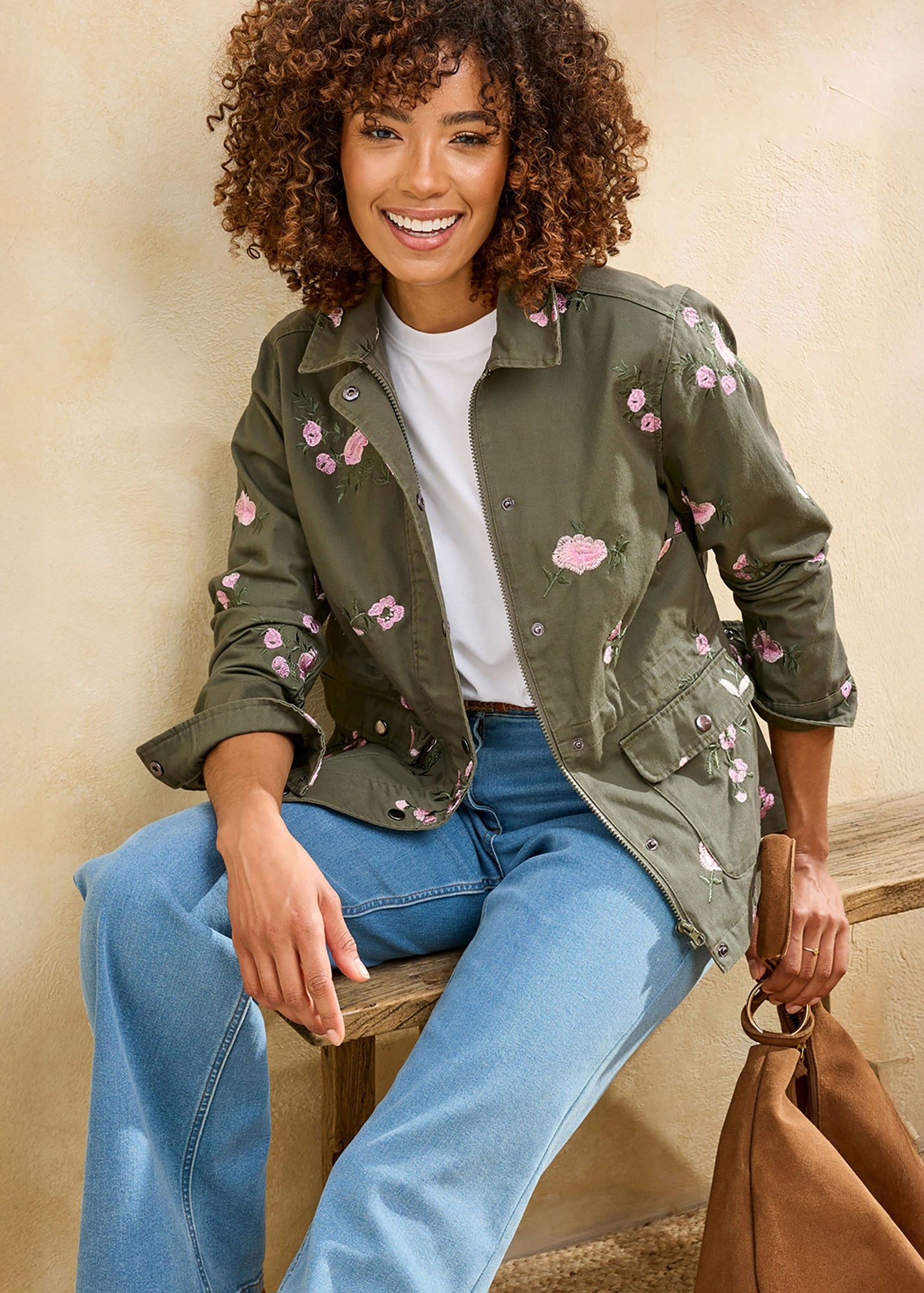 Izabel London White Floral Denim Trim Button Detail Jacket - M/L