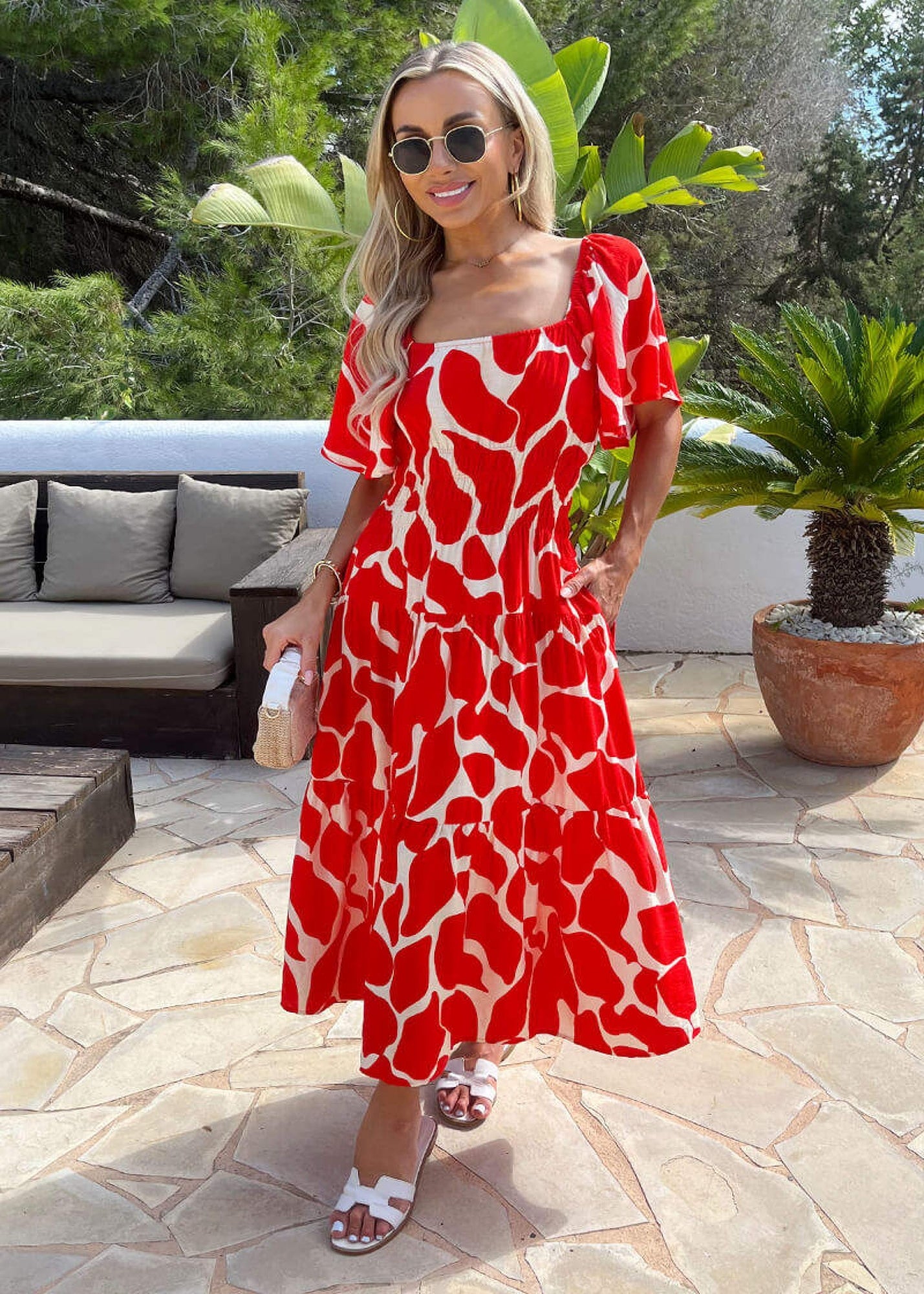 AX Paris Red Abstract Print Shirred Waist Smock Midi Dress - 8