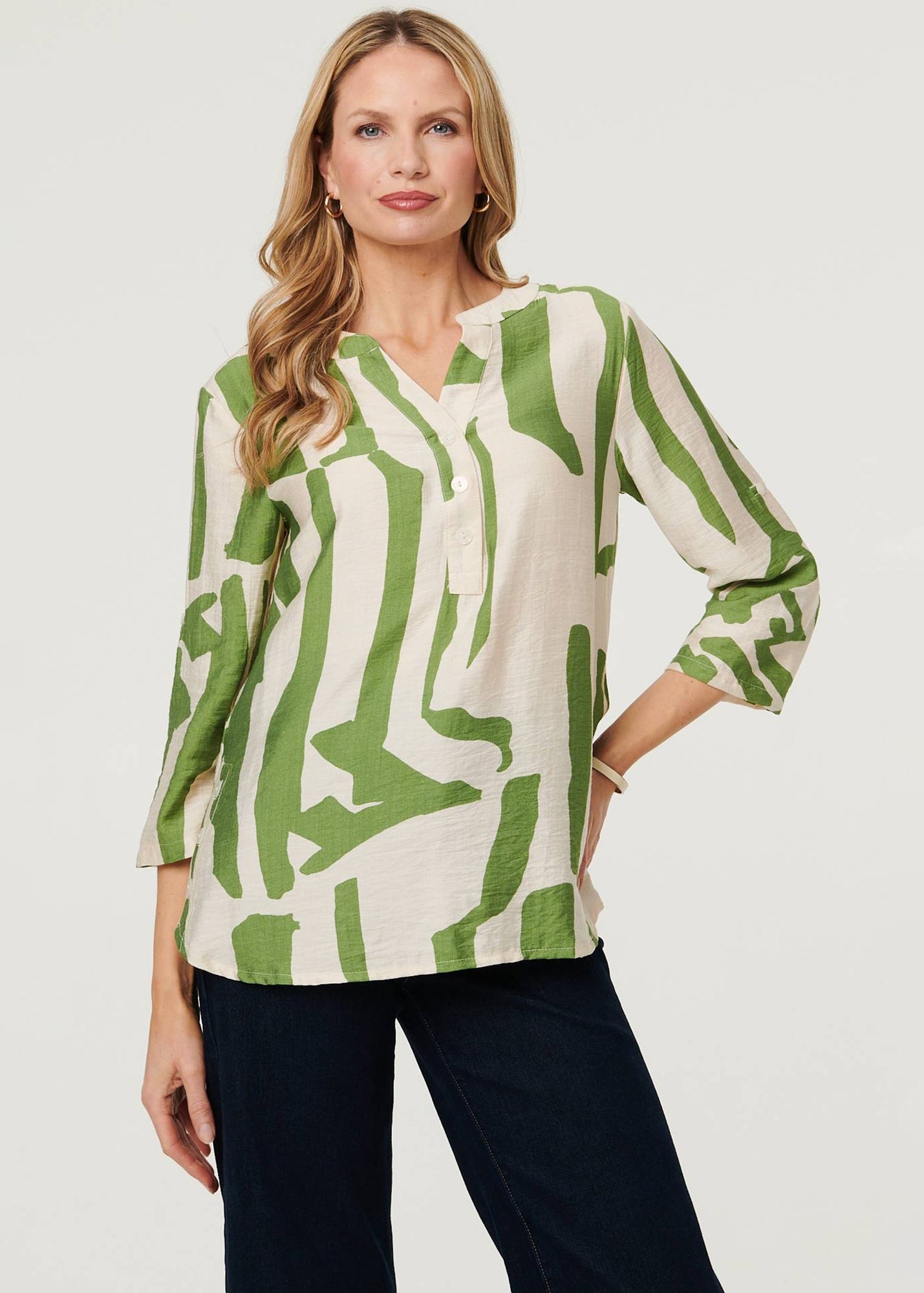 Izabel London Green Abstract 3/4 Sleeve Relaxed Tunic Blouse - 10