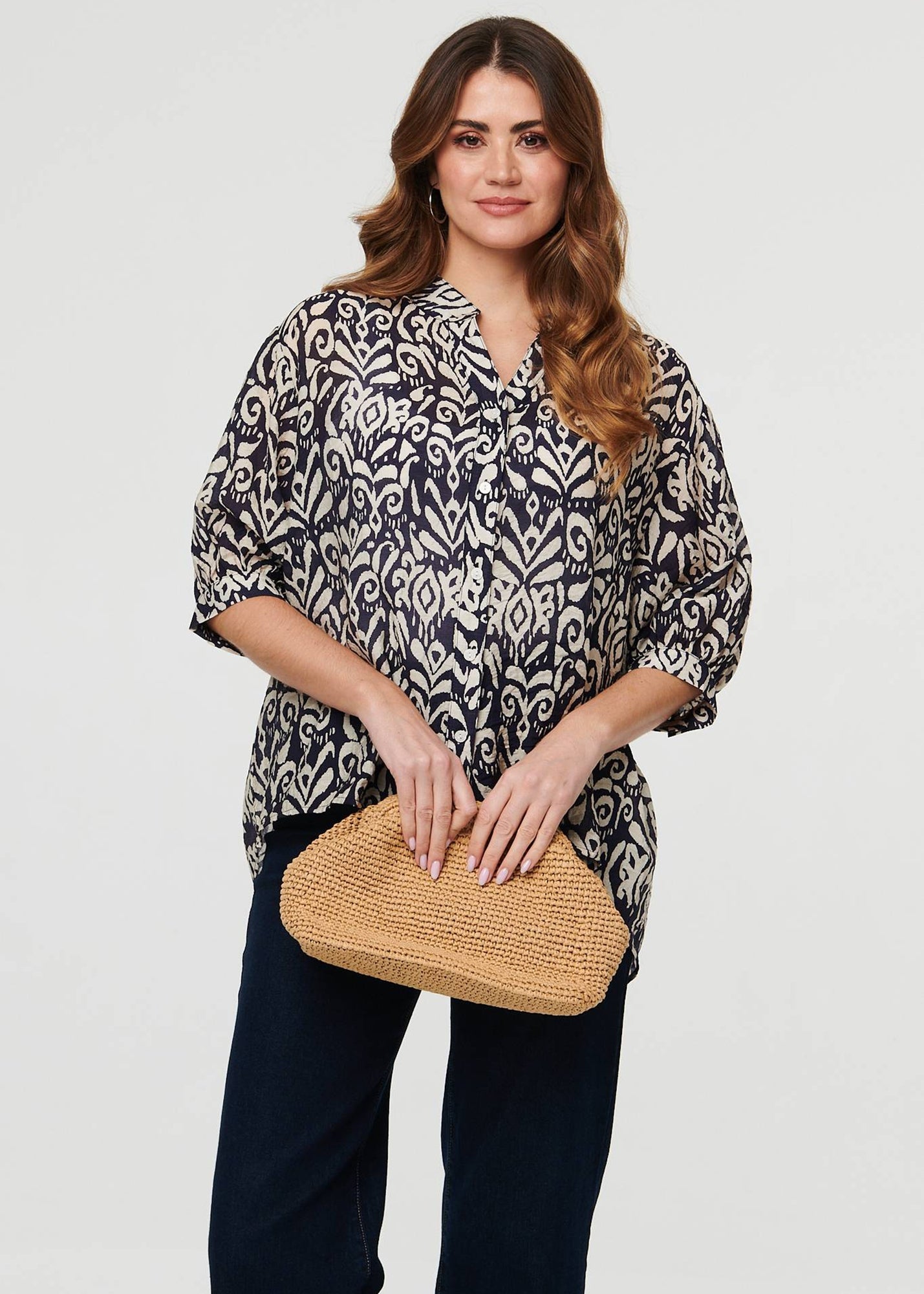 Izabel London Navy Printed Button 3/4 Sleeve Relaxed Blouse - 18