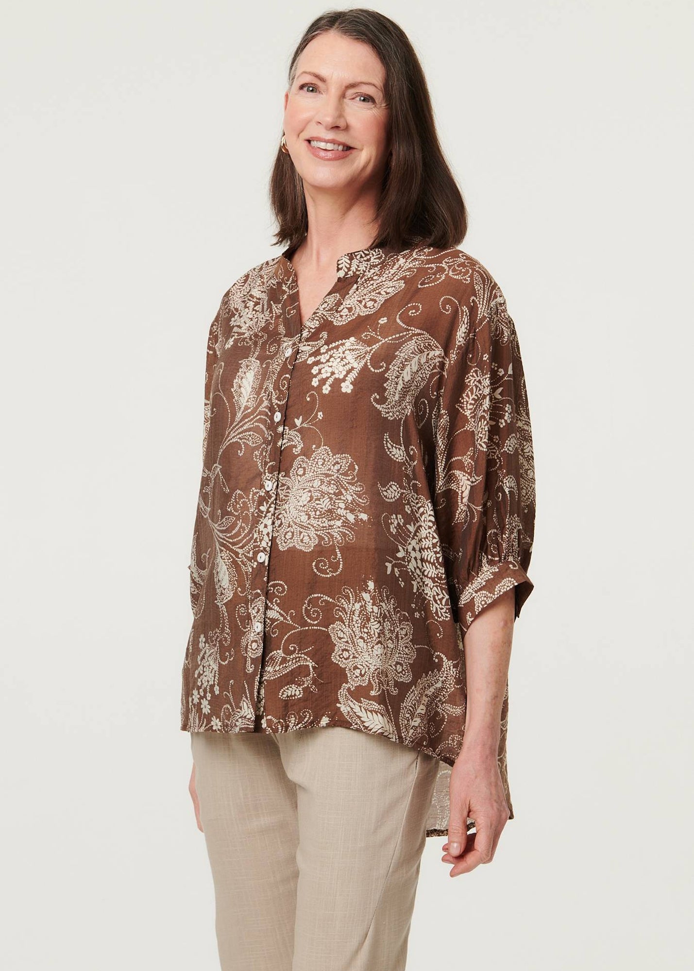 Izabel London Beige Paisley Print 3/4 Sleeve Relaxed Blouse - 16