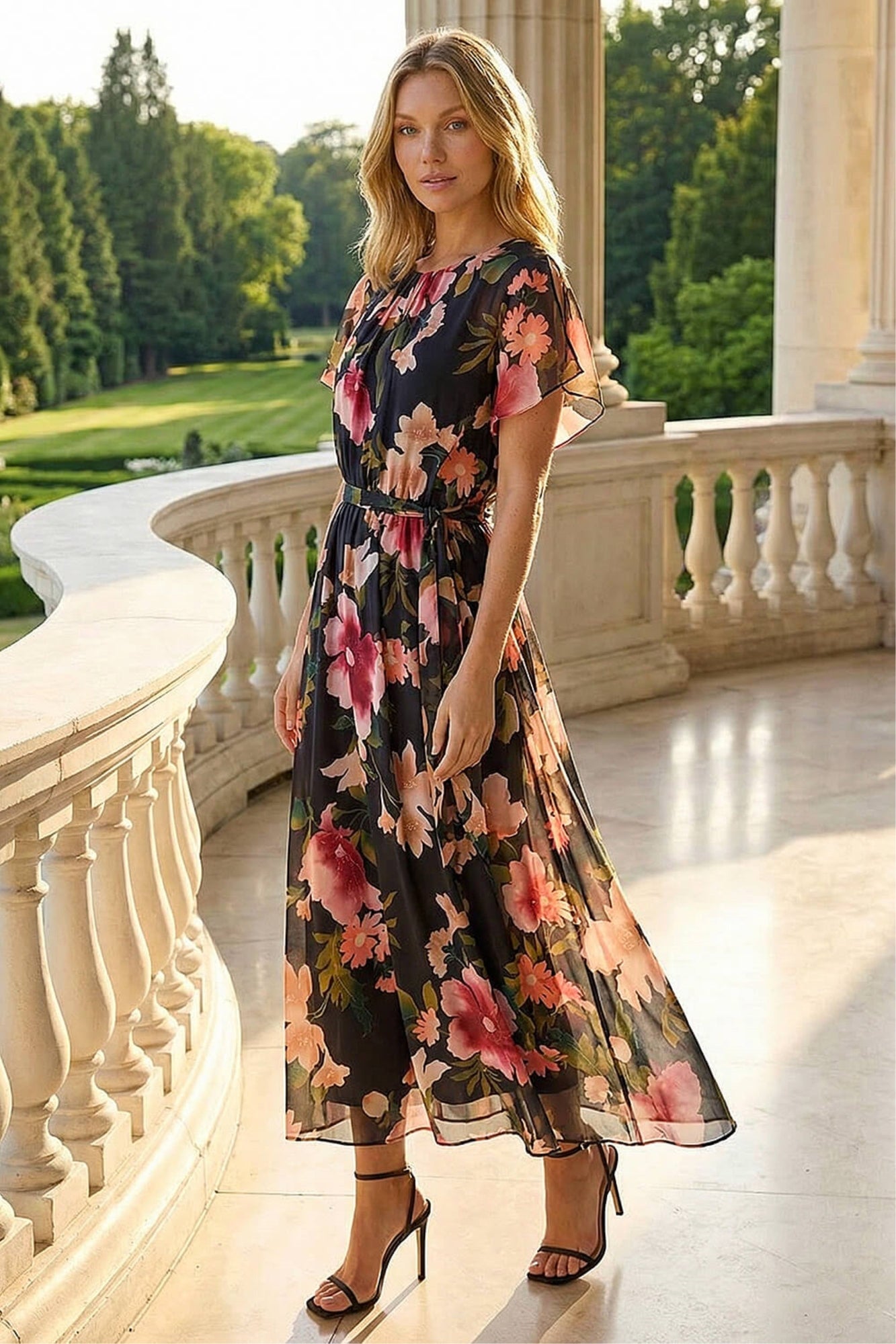 Roman Black Floral Split Sleeve Midi Dress - 10 | Matalan