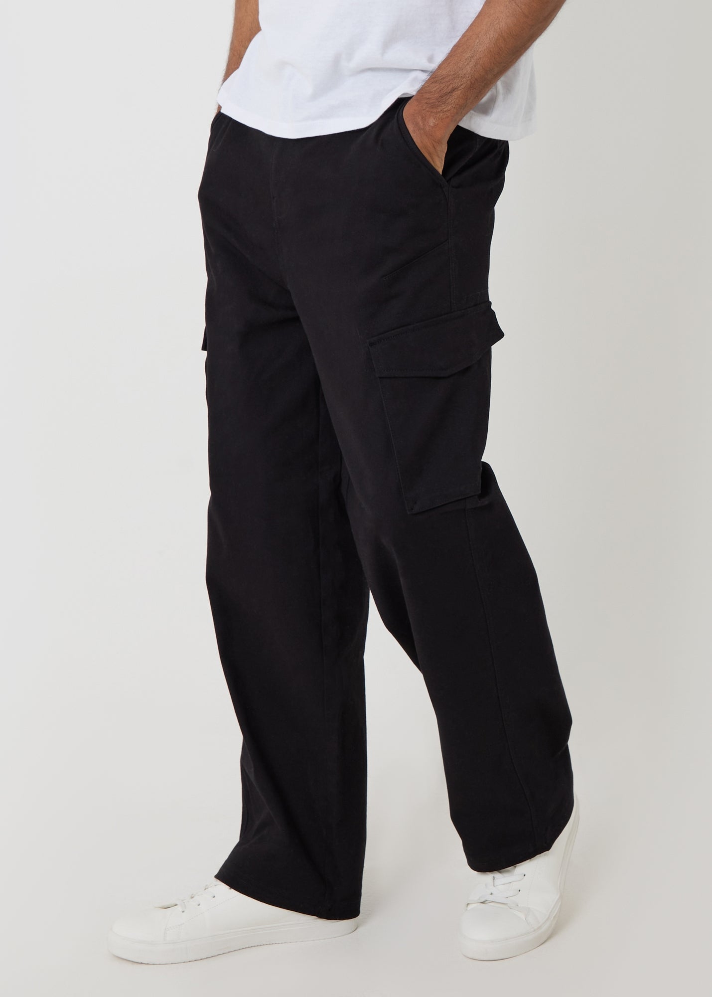 Threadbare Black Baggy Fit Stretch Cotton Cargo Trousers - 34/L32