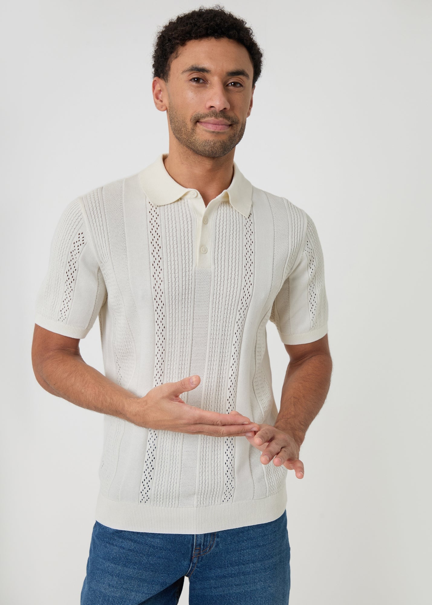Threadbare Natural Cable Stripe Knitted Button Polo - 2XL