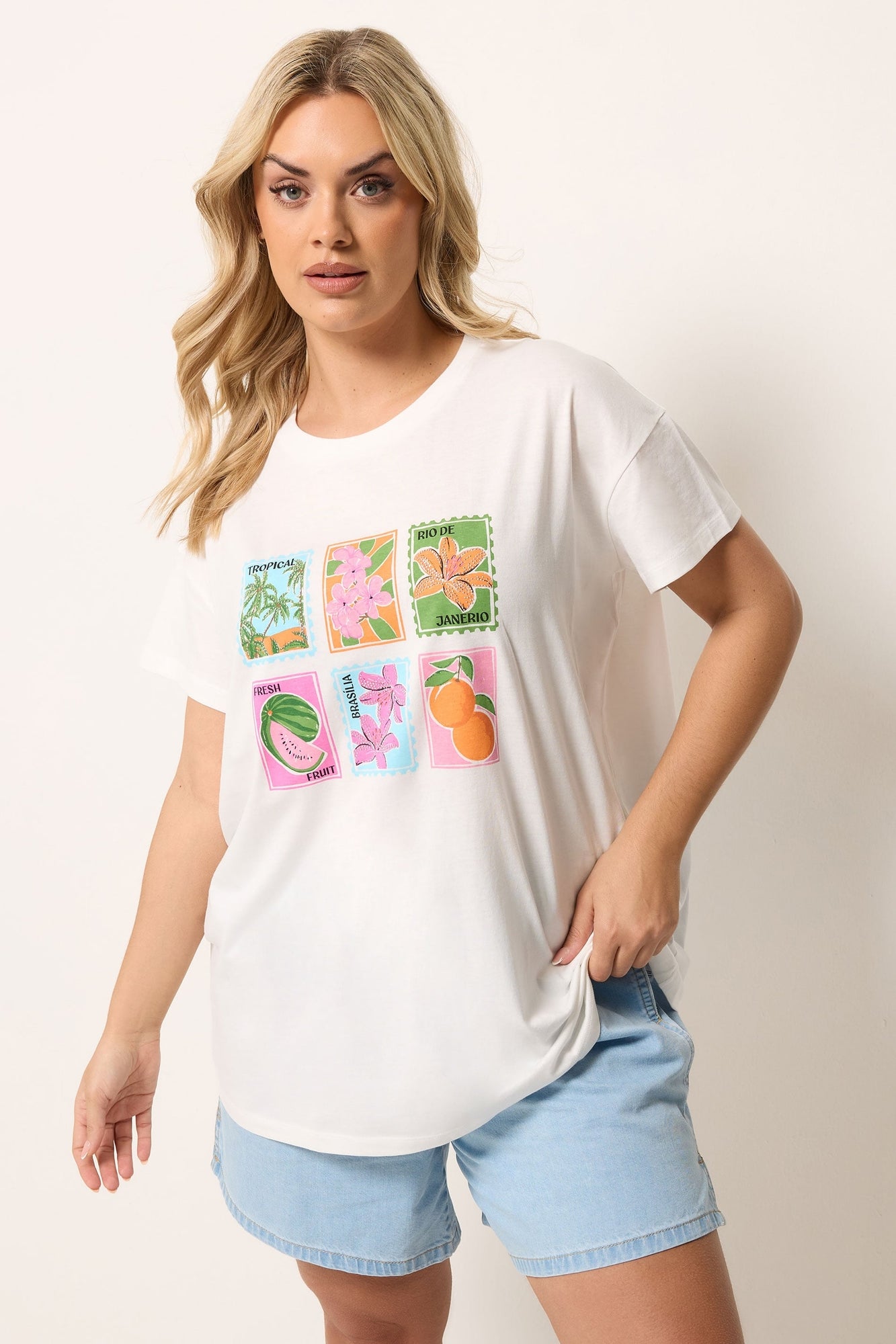 Yours Curve White Tropical Postcard T-Shirt - 20