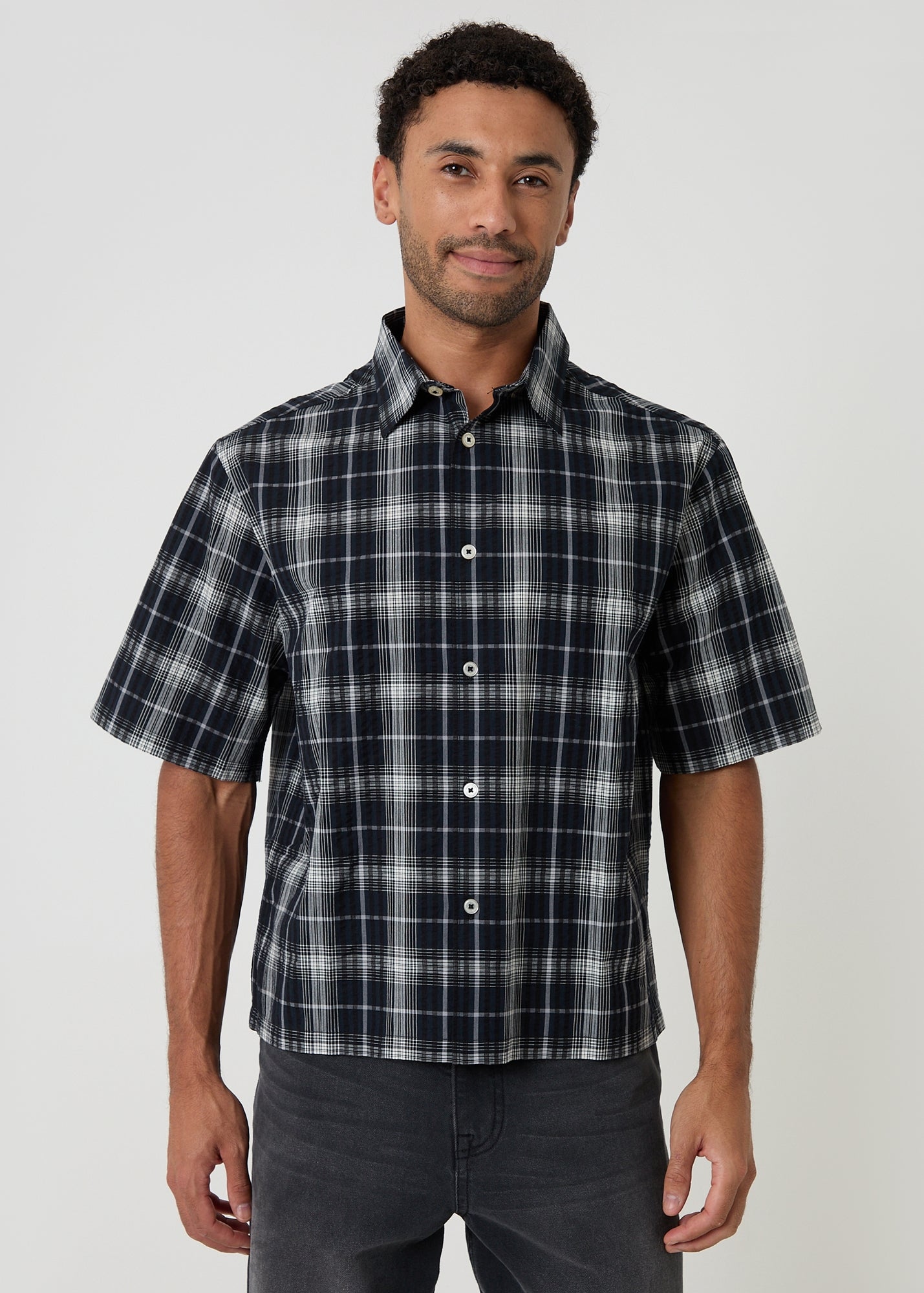 Threadbare Black Check Boxy Fit Short Sleeve Shirt - XL