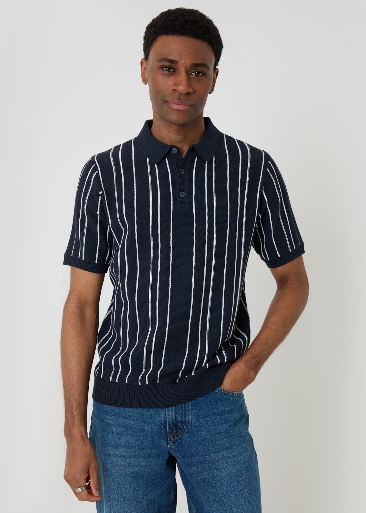 Threadbare Navy Textured Stripe Knitted Quarter Zip Polo - L