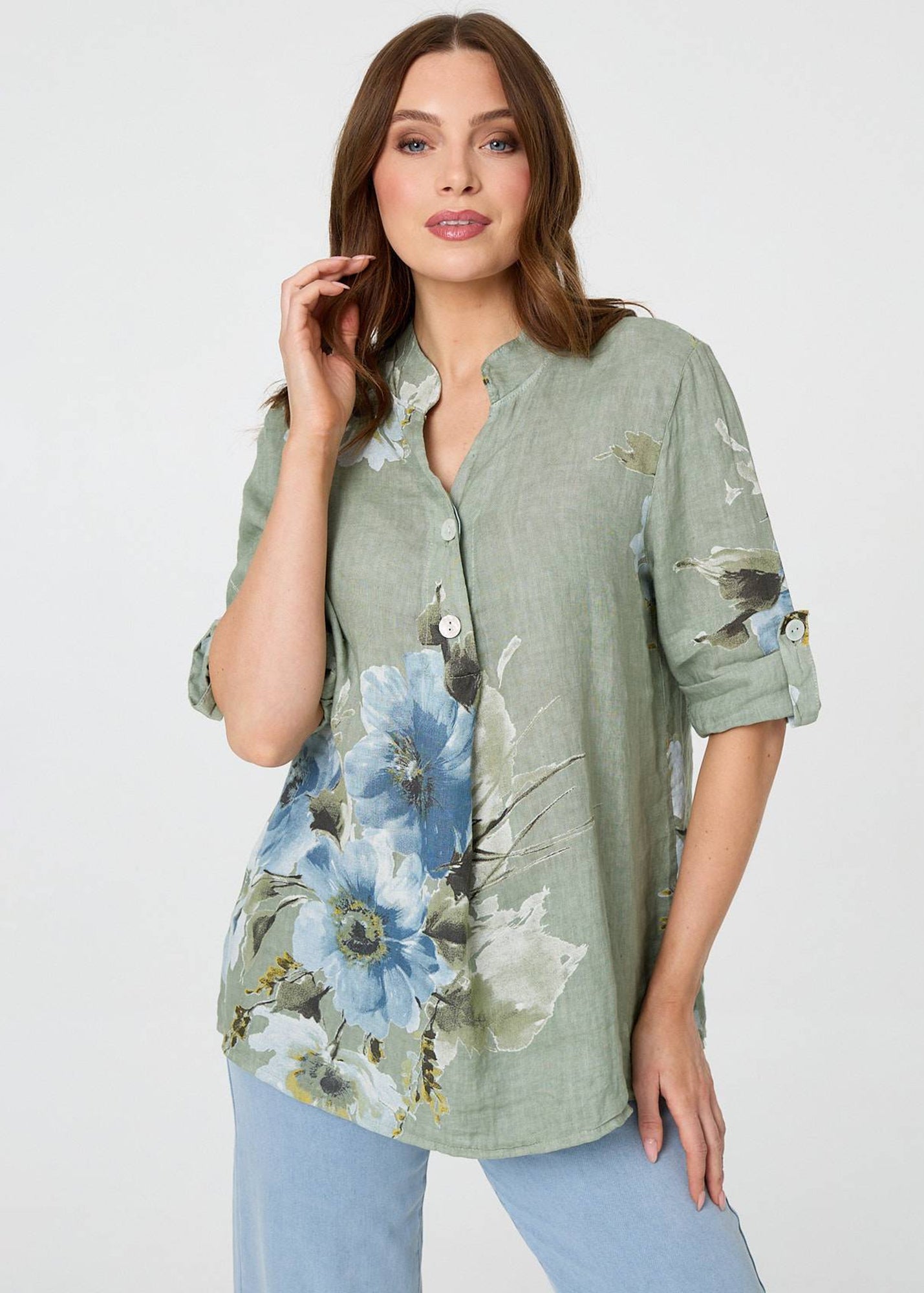 Izabel London Blue Floral Relaxed Turn-Up Sleeve Blouse - 12