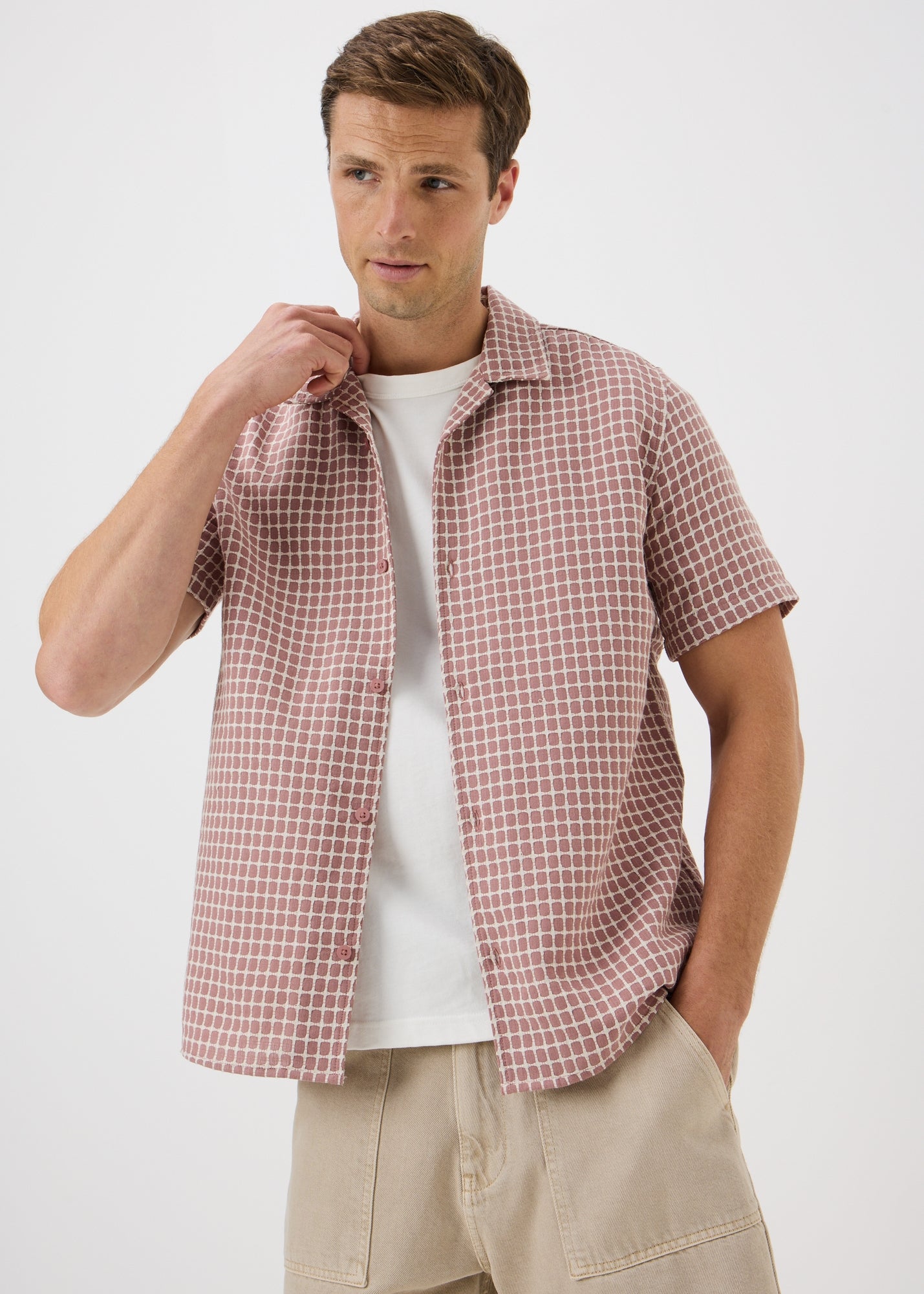 Pink Check Dobby Textured Short Sleeve Shirt - XL | Matalan
