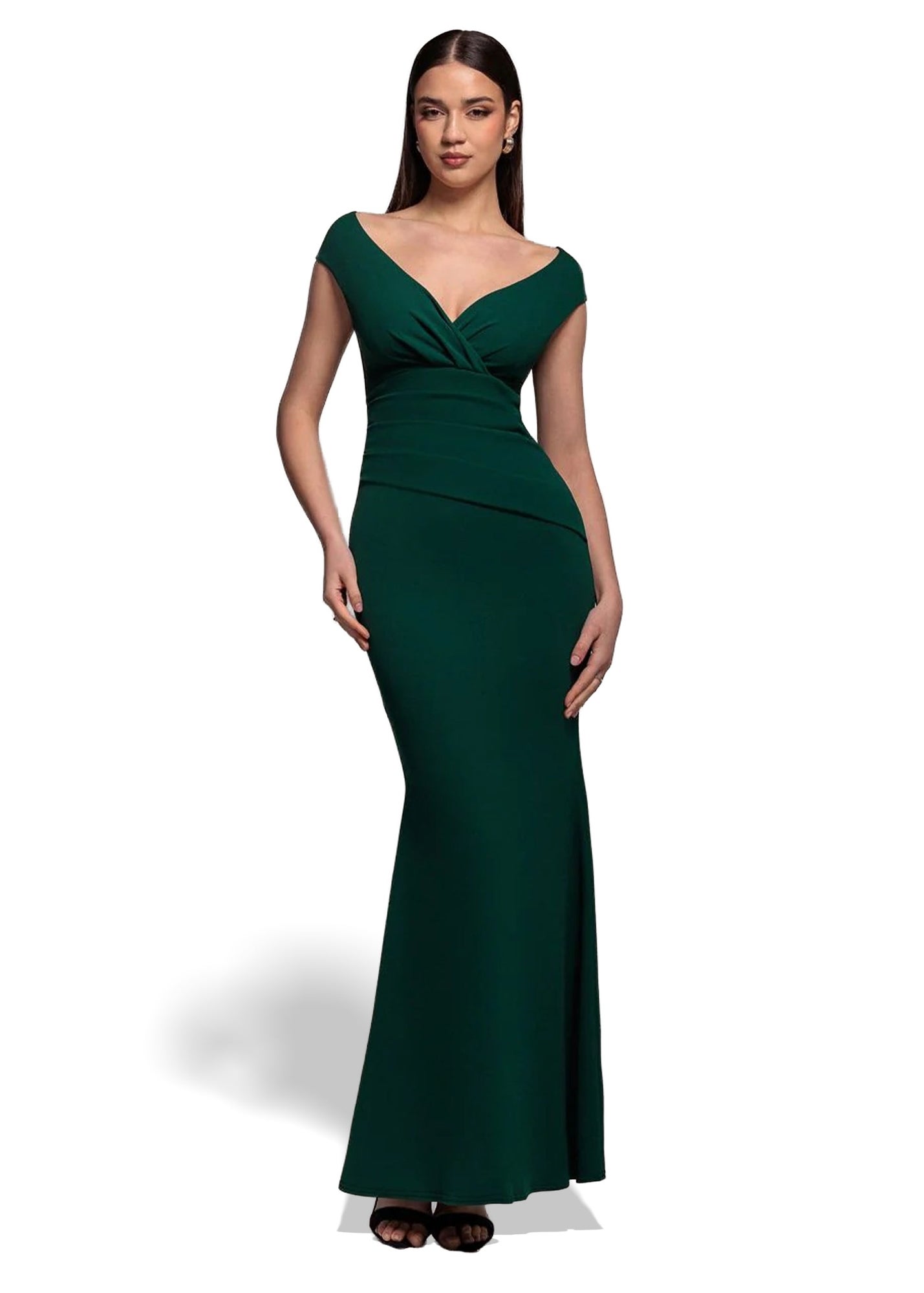Goddiva Navy Off The Shoulder Pleated Waist Maxi Dress - 18