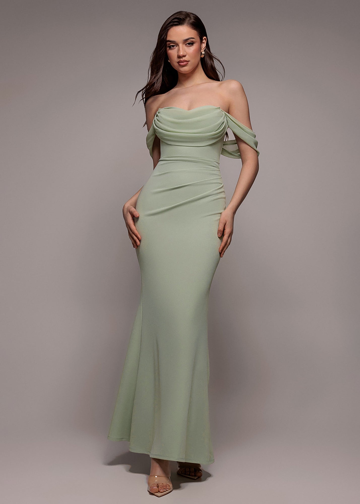 sage green bardot frill sleeve draped midi dress Goddiva Scuba & Chiffon Cowl Maxi - 16 Wedding guest dresses