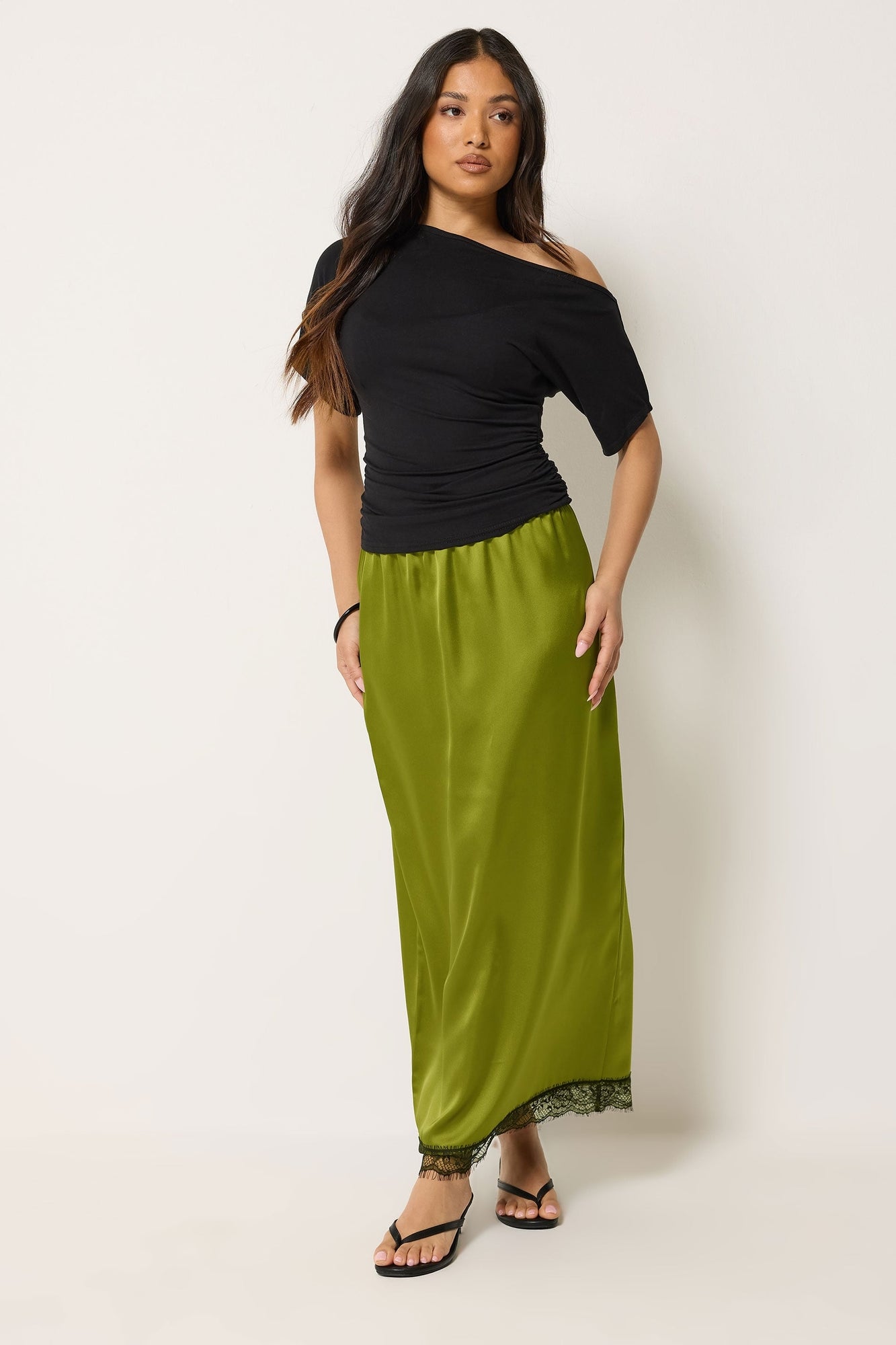 PixieGirl Petite Olive Green Lace Hem Satin Maxi Skirt - 6 | Matalan
