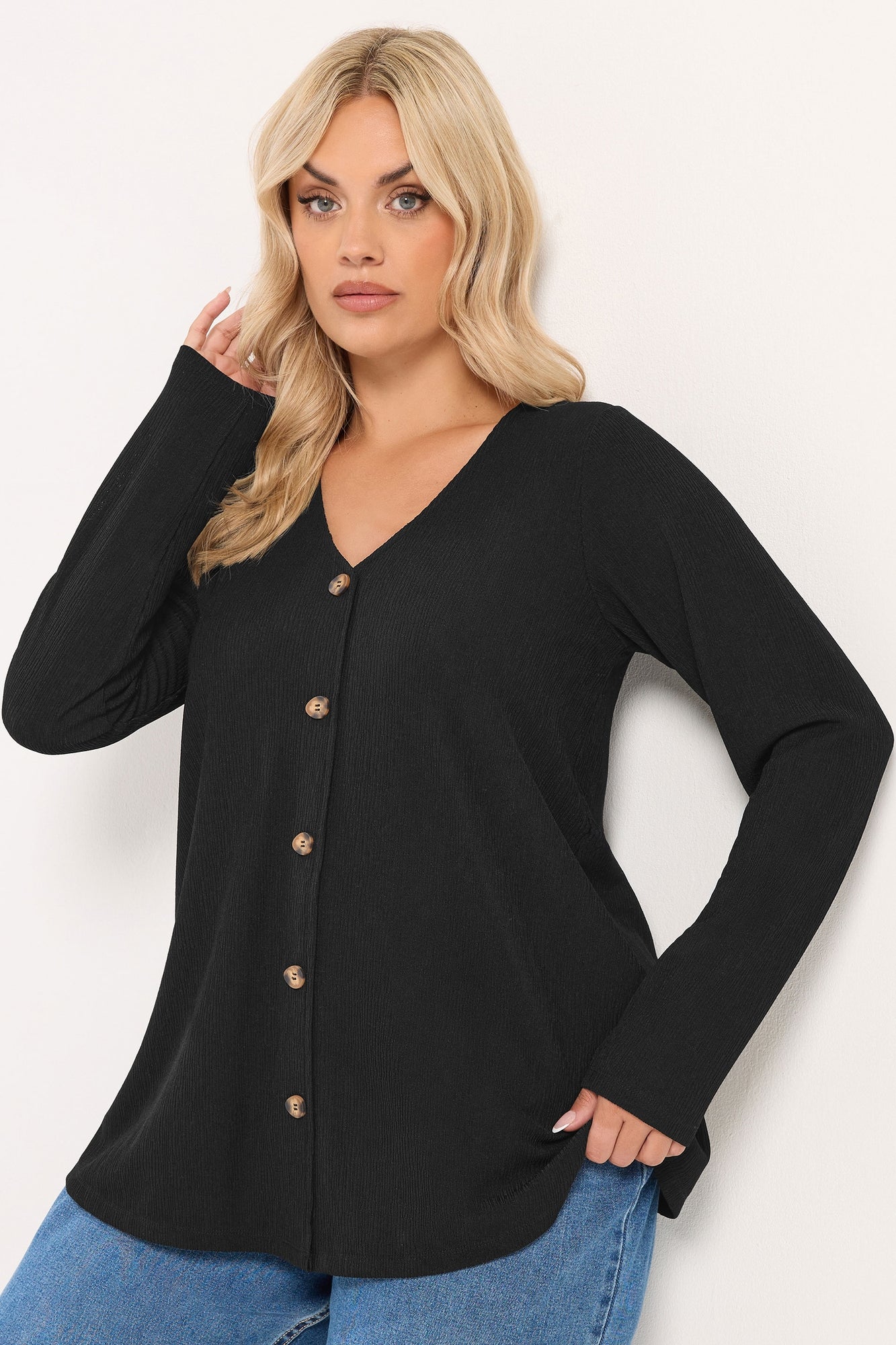 Yours Curve Black Button Front Crepe Top - 20 | Matalan