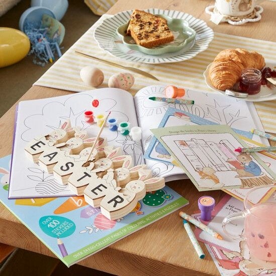 Personalised Easter box with crafts inside including Easter stickers, Easter painting crafts and supplies.