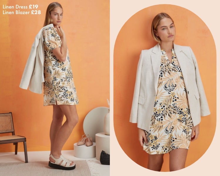 Woman wearing a floral print linen mini dress styled with a stone coloured linen blazer and chunky cream sandals.​