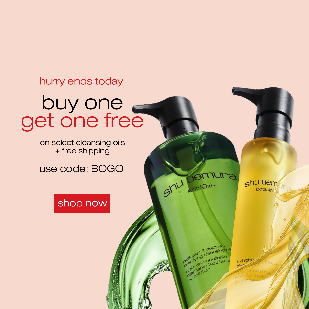 buy one get one free on select cleansing oils. use code BOGO. shop now.