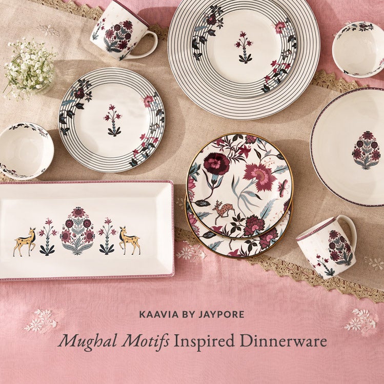 Kavia By Jaypore Mughal Motifs porcelain dinnerware. Shop Now